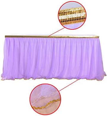 9 ft Purple Table Skirt With Gold Sequin Tulle Table Skirt for Bridal Shower Wedding Baby Shower Birthday Party