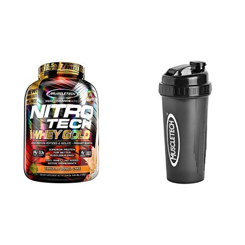 MuscleTech NitroTech Whey Gold, 100% Whey Protein Powder, Whey Isolate and Whey Peptides, Vanilla Funnel Cake, 5.5 Pound and Bottle Shaker Cup, 28 Ounce