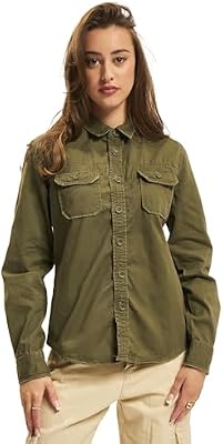 Women Vintage Shirt Long Sleev, Color: olive, Size: XS