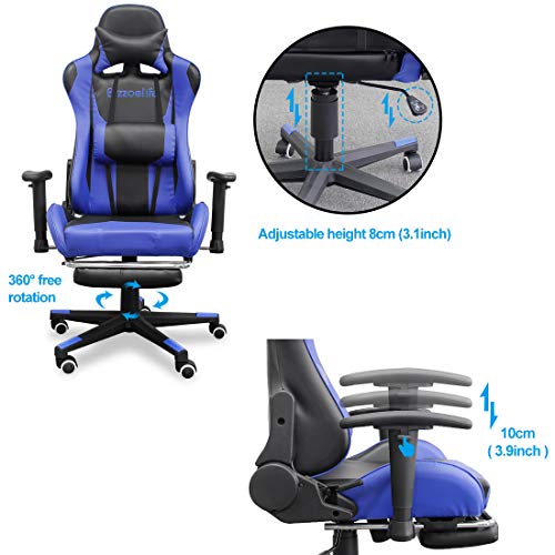 Gaming Chair Ergonomic Racing - Bizzoelife High Back PU Leather Adjustable Office Chair with Footrest Backrest Headrest (Blue)