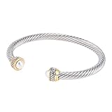 Cabochon Opaque Stone Two Tone Rope Open Cuff Bangle - Faux Pearl - BB9163R