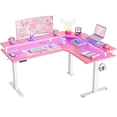 FEZIBO 63" Triple Motor L Shaped Standing Desk with LED Strip & Power