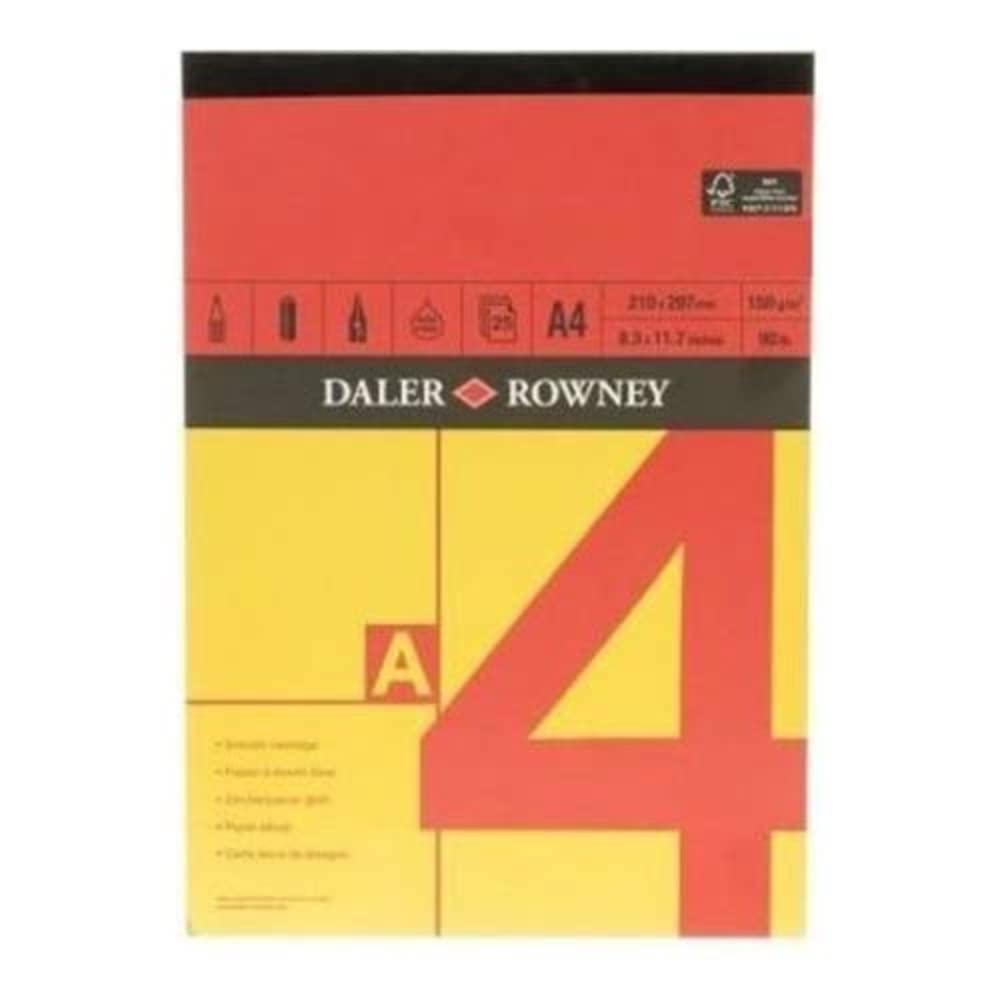 Daler-Rowney Red and Yellow, Drawing Paper, Smooth Surface, 150 gsm, 90lb, Pad, Glued 1 Side, A4 - 8.3 x 11.7in - 21 x 29.7 cm, 25 Sheets