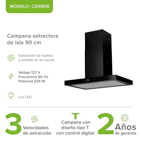 AVERA Campana para cocina de Isla 90 cm Tipo T, Acero Inoxidable, 3 Velocidades, Filtros metálico lavable y Filtro de carbón activado, Extrae y purifica, Control por botones | CEN90B