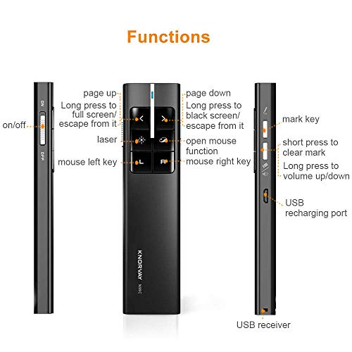 [Upgraded] KNORVAY N99C Wireless Presenter with Air Mouse, 360mAh Rechargeable PPT PowerPoint Clicker Presentation Remote Multi-Function Laser Pointer (Black) - Thumbnail 2