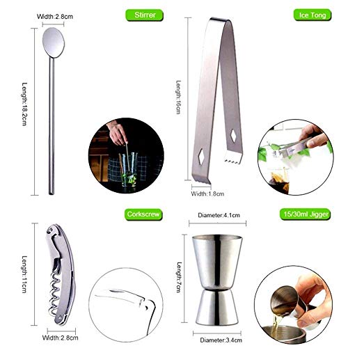 DenSan Cocktail Shaker Set 8 Piece Stainless Steel Professional Bartender Kit, with Stirrer/Bottle Opener/350ml Ice Tongs/Double Jigger/Corkscrew/Cheese Knife/Strainer/Storage Rack (S-1), Silver - Thumbnail 2