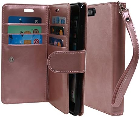 Luxury [Dual Wallet] PU Leather [6 Cards 3Bills Slot] [Magnetic Lock] Book Wallet Pocket Case Cover [Wristlet] For Apple iPhone 7 Plus (Rose Gold)