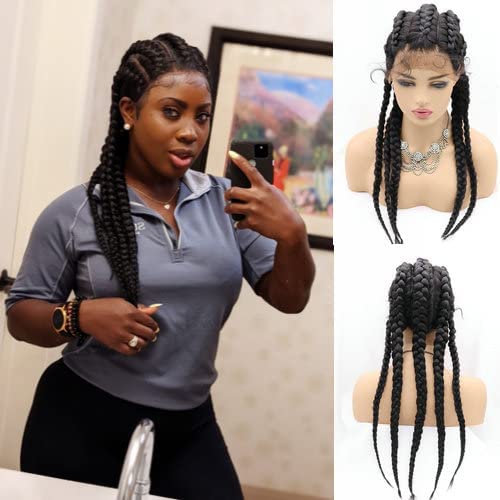 RainaHair Black Braids 5 Box Braided Wig with Baby Hair Synthetic Braided Lace Wig 5 Crochet Braids X Pression Braiding Hair Wigs for Women 30inch(black) โ image 1
