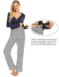 Ekouaer Maternity Nursing Pajama Set Striped Pants Short Long Sleeve V Neck Breastfeeding Sleepwear Hospital Gown(S-XXL)