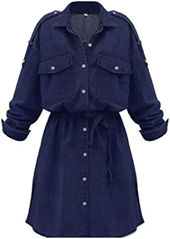 xiaokong Women Pockets Denim Blouse Plus Size Button Shirts with Belt Dark Blue L
