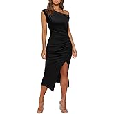 OWIN Women's Sexy Elegant Off Shoulder Sleeveless Side Slit Ruched Bodycon Wedding Guest Cocktail Party Midi Dress