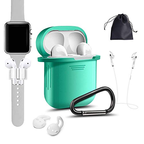 Airpods Accessories – Derhom Apple Airpods Silicone Case Cover | Airpods Watch Band Holder | Headphone Accessories Bag[Include Anti-Lost Strap/Keychain/ Earhooks] for Apple Airpod (Mint Green)