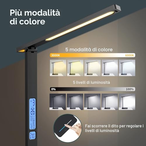 LED Desk Lamp with Wireless Charging - Table Lamp with 10 W Charger, USB Charging Port, Rotating Folding Desk Lamp, Dimmable 5 Levels Touch, 3 Modes