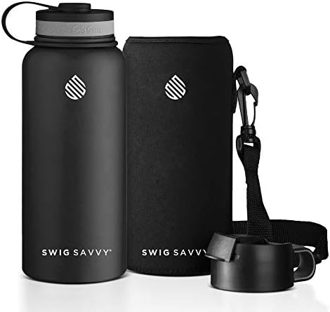 SWIG SAVVY Stainless Steel Water Bottle - Vacuum Insulated & Wide Mouth Design - Reusable Sweat Proof Thermos Flask for Hot & Cold Drinks with Coffee Lid & Carrying Sleeve Pouch