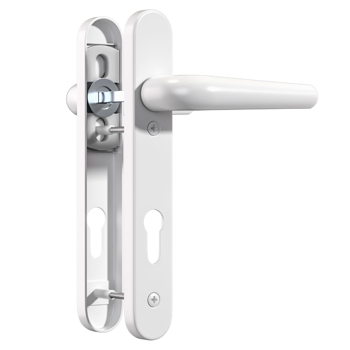 Bwintech 1 Set White UPVC Door Handle Set, 92mm Backset,122mm Screw Hole Distance, 210mm Plate Length Front Door Handles for UPVC Door
