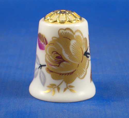 Porcelain China Collectable Thimble - Gold Rose Filigree - Free Gift Box