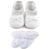 Delebao Baby Girl Infant Satin Mary Jane Baptism Shoes Dance Ballerina Slippers (0-3 Months, White & Socks)