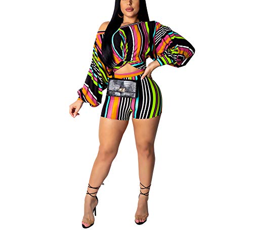 Acelitly Women's Sexy 2 Pieces Off Shoulder Club Outfits Bodycon Long Sleeve Crop Top Shorts Set Green