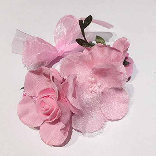 Flower Crown Headband Wristbands Rose Wreath Garland Hair Bands Wrist Bands Floral Wedding Bridal Hair Hoop Bracelet Women Leaf Ribbon Adjustable Handmade Rattan Vine Hair Accessories 3 Pack Pink