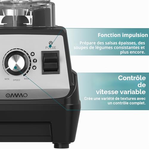 OMMO 1.8L Professional Blender Blender, 1800W Smoothie Blender for Shakes and Smoothies, 1 x 300ml Portable Bottle BPA Free, Pulse Function, Crushed Ice, Dishwasher Safe