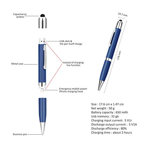 The perseids 5 in 1 Multifunction Pen, Writing Ballpoint Pen with Stylus, USB 32GB Flash Drive, Touch Pen Built-in Cable Compatible with Type C Devices, Business Gift for Men Women Blue