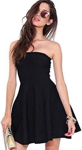 Kalin Women's All Black Strapless Tube Top Stretchy Skater Dress