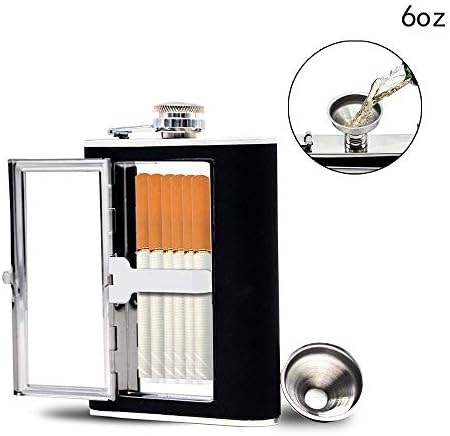 iConnect World Stainless Steel Pocket Alcohol Hip Flask Whiskey Holder with Funnel and Cigarette Case, 6 Oz