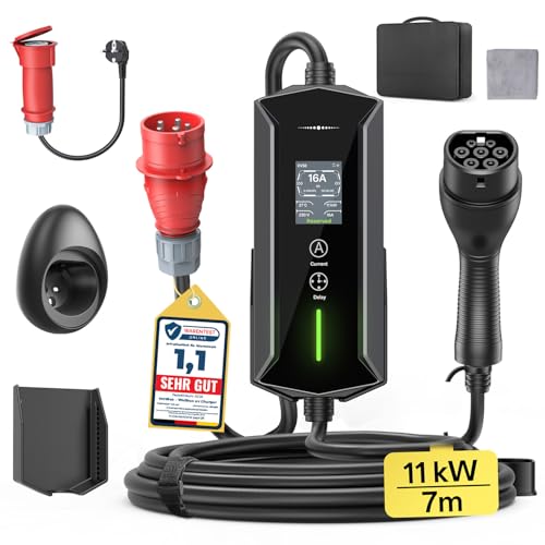 Mobile Wallbox 11 kW Type 2 Charging Cable - 7 m | 6-16 A | 3-Phase EV Charger Waterproof with Adjustable Charging Power, Setting Start Time, CEE 16A to Type 2 Charging Cable, for All EVs (IEC 62196-2) & PHEVS