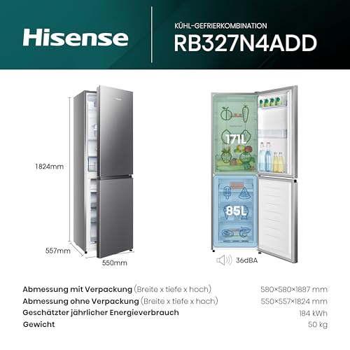 Hisense RB327N4ADD Kühl-Gefrier-Kombination, EEK D, Total NoFrost, wechselbarer Türanschlag, Flaschengitter, 171 Liter Kühlteil, 85 Liter Gefrierteil, Inox Look thumbnail 2