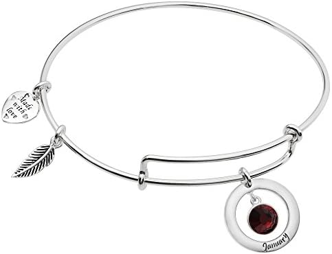 Qina C.Sterling Silver Imitation Birthstone Charm Bangle Bar Adjustable Bracelet