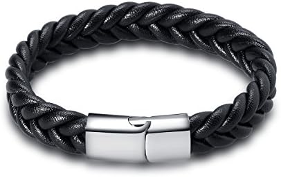 Losska Mens Braided Black Genuine Leather Bracelet with Stainless Steel Magnetic Clasp Length 8.5"