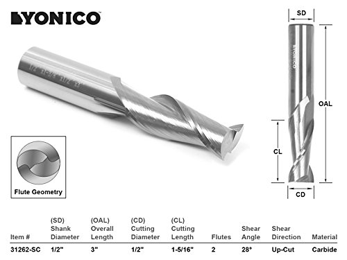 Yonico 31262-SC Yonico 31262-SC CNC Router Bit Up Cut Solid Carbide 1/2" X 1-5/16" X 1/2" X 3" 1/2" Shank, ,