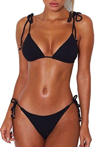 Bisting Womens Ribbed Tie Shoulder Tie Side Triangle Bikini Set 2 Piece Swimsuit