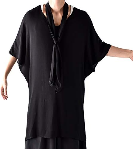 Amazon カットソー シースルー ビッグシルエット ロング丈 メンズ モード系 大きいサイズ オーバーサイズ ドルマンスリーブ 無地 ストール付き ドレープ 半袖 夏 ブラック F Tシャツ カットソー 通販