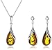 Sterling Silver Honey Amber Drop Pendant Necklace and Earrings Set