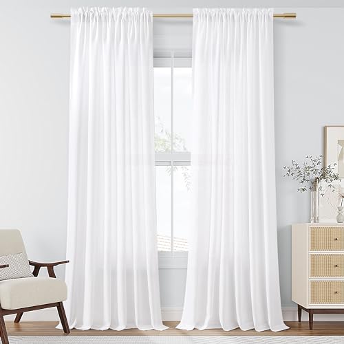 Photo 1 of Guken White Linen Curtains 84 Inch Length for Living Room Bedroom 2 Panels Set Rod Pocket Light Filtering Semi Sheer Window Curtains 52 Inch Width Boho Farmhouse Linen Drapes, W52xL84i