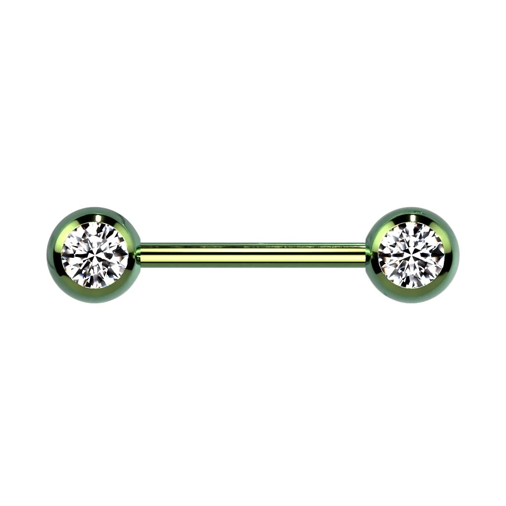 PiercedOff Titanium Green IP over 316L Surgical Steel Nipple Bar with Forward Facing Clear CZ Gem Balls - Thickness 14GA (1.6mm) / Length 14mm / Ball Sizes 6mm