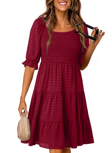 DOKOTOO SUMMER DRESSES FOR WOMEN 2024 ELEGANT SMOCKED SQUARE NECK CASUAL  BEACH PUFF SHORT SLEEVE CUTE A-LINE BABYDOLL TUNIC DRESS MINI SUN DRESS  VACATION HOLIDAY OUTFITS DRESSES WINE RED LARGE - Korting