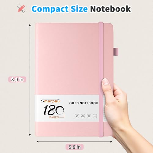 Smarpau A5 Journal Notebook, 180 Pages Hardback Lined Notebook, Thick Leather Journal for Women, No Bleed for Writing, Notepad for Office School Travel (Light Pink)