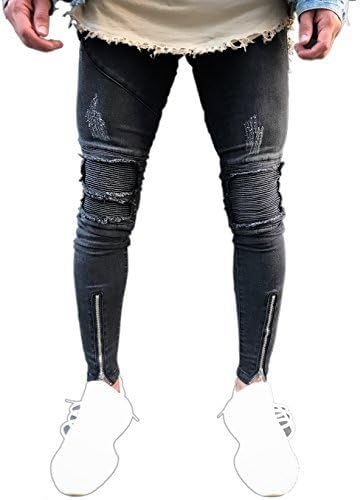 Skinny Fashion Men's Ripped Slim Straight fit Biker Jeans with Zipper Deco