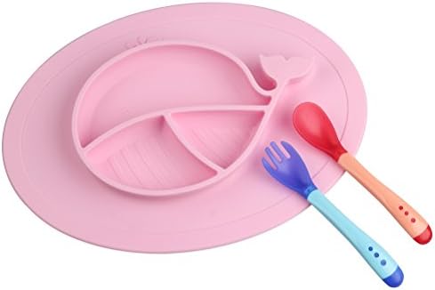 Silicone Kids Placemat Food Plate 3 compartments Toddlers Baby Feeding Mat - UNIQEE Kids Suctions Non-slip Foldable Kids Portable Travel Bowl for Babies Infants Spoon& Fork include (Pink)
