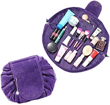 Lazy Makeup Bag Drawstring Cosmetic Bag Soft Flocked Travel Lazy Makeup Storage Organizer Toiletry Bags for Women Girls Portable Quick Pack Large Waterproof Travel Bag Purple