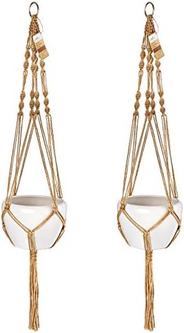 41 in Jute Macrame Plant Hangers (2- Pack) Indoor Outdoor Hanging Planter Basket Jute Rope 4 Legs, With a Stainless Steel Ring for Hanging, Ideal for Kitchen, Balcony, Garden and Patio Decor