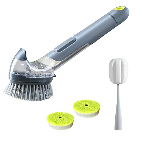 JEHONN Dish Brush with Soap Dispenser Pot Scrubber Kitchen Sink Pan Brush, Bottle Brush and 2 Sponge Refill