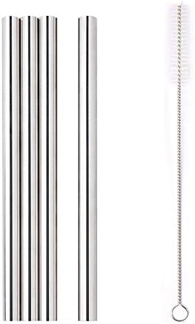 Set of 4 Stainless Steel Metal Drinking Straw Wide (4 Straight with Brushe) Tubularis 215x12mm Travel Reusable Straws Environmentally-Friendly Tableware for Tumblers Rumblers Cold Beverage (Silver)