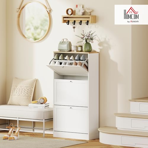 HOMCOM Narrow Shoe Cabinet with 3 Flip Drawers, Adjustable Shelves, White | Shoe Storage Cabinet, Hallway, Entryway, Holds 12-18 Pairs