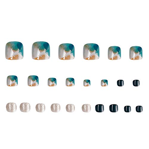New Style Fake Toe 24pcs Summer Blue and Silver Glitter Solid Short Square False Toe Nail Full Cover with designs