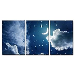 3 Piece Canvas Wall Art - Night Sky with Stars and Moon - Modern Home Art Stretched and Framed Ready to Hang - 16"x24"x3 Panels