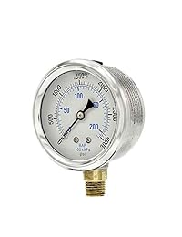 Pic Gauge 201l 254p relleno de glicerina Industrial Monte Medidor de presión inferior con acero inoxidable caso, latón Internals, tamaño de lente de plástico, 2 1 2" Dial, tamaño de 1 4" macho NPT Conexión, Rango de 0 3000 PSI