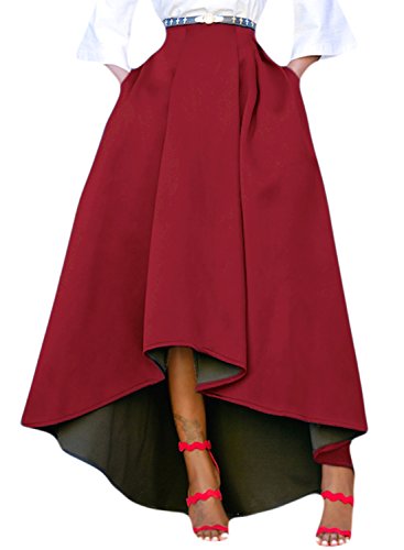 Acelitt Women Casual Asymmetric High-Low High Waist Pleated Hem Maxi Prom Skirt Burgundy Red XX-Large